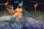 balls blush erection genitals hot_spring leaning_on_edge looking_at_viewer male night partially_submerged sitting slightly_chubby solo steam torch water orangestheasd breath_of_the_wild nintendo the_legend_of_zelda kass_(tloz) avian rito 3:2 hi_res