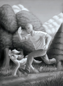 clothed clothing duo female feral flower grass hair landscape multicolored_hair outside plant running tree wings sa1ntmax friendship_is_magic hasbro my_little_pony mythology anon rainbow_dash_(mlp) equid equine human mammal mythological_creature mythological_equine pegasus 2019 greyscale hi_res monochrome