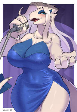 anthro anthrofied big_breasts blue_body blue_clothing blue_dress blue_eyes blue_fur blush breasts clothed clothing dress electronics female fur gem hair huge_breasts jewelry long_hair looking_at_viewer microphone necklace open_mouth pearl_(gem) pearl_necklace piercing pokemorph ring sequin_dress singing solo spotlight standing tail thick_thighs tongue white_body white_fur white_hair wide_hips conditional_dnp pkuai nintendo pokemon chryss_(kataou) generation_2_pokemon legendary_pokemon lugia pokemon_(species) hi_res