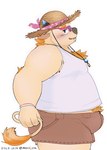 anthro belly blonde_hair blue_eyes bottomwear bulge clothing eyewear fur hair hat headgear headwear male overweight overweight_male pubes shirt shorts solo straw_hat sunglasses tank_top topwear white_body white_fur young young_anthro moujya lifewonders tokyo_afterschool_summoners babe_bunyan_(tas) bovid bovine cattle mammal hi_res