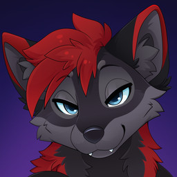 ambiguous_form ambiguous_gender black_body black_eyebrows black_fur black_nose blue_eyes cheek_tuft eyebrows facial_tuft fangs fur grey_body grey_fur hair half-closed_eyes inner_ear_fluff looking_at_viewer markings narrowed_eyes red_hair red_markings short_hair snout solo teeth tuft feve canid canine mammal 1:1 colored digital_drawing_(artwork) digital_media_(artwork) hi_res icon shaded