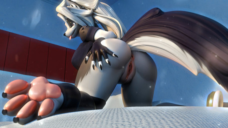4_toes anthro anus bare_shoulders bed bedroom bent_over big_breasts black_clothing black_eyeshadow black_fingerless_gloves black_gloves black_handwear black_legwear black_thigh_highs blue_clothing blue_shirt blue_topwear bottomless bottomless_anthro bottomless_female breasts butt claws clothed clothing eyeshadow feet female fingerless_gloves furniture genitals glistening glistening_clothing glistening_gloves glistening_handwear gloves glowing glowing_eyes hair hand_on_butt hand_on_own_butt handwear inner_ear_fluff inside kneeling legwear long_hair looking_at_viewer looking_back looking_back_at_viewer low-angle_view makeup musk off_shoulder on_bed particles pawpads paws pink_pawpads presenting presenting_hindquarters presenting_vulva pupils rear_view red_sclera shirt slit_pupils smile smiling_at_viewer solo tail thigh_highs toeless_thigh_highs toes tongue tongue_out topwear tuft vulva white_eyes white_hair wide_hips mrs_dexie da.nilkaz_(modeler) hellaverse helluva_boss mythology loona_(helluva_boss) canid canid_demon canine demon hellhound mammal mythological_canine mythological_creature 2026 3d_(artwork) absurd_res digital_media_(artwork) hi_res