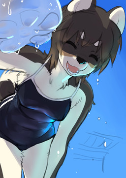 adolescent anthro black_nose bottle breasts brown_body brown_fur clothing colored_edge_swimsuit container eyes_closed female first_person_view fluffy fur happy kemono leaning_down leaning_over medium_breasts nipple_outline one-piece_swimsuit open_mouth open_smile perspective school_swimsuit sky smile solo swimwear teeth tongue water_bottle water_drop water_droplets white_body white_fur young kikurage inukoro_(kikurage) kuroshiba_nagomi canid canine canis domestic_dog mammal 2025 colored_sketch hi_res sketch