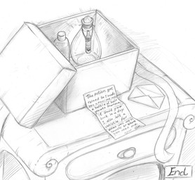 bottle box container desk desktop drawer envelope furniture gift gift_bow high-angle_view letter opened potion potion_bottle simple_background table text whistle_(object) zero_pictured blackfox85 2020 comic end_page english_text hi_res monochrome traditional_media_(artwork)