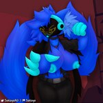 1:1 anthro belt belt_buckle big_breasts blue_body blue_fur blue_hair breasts choker clothed clothing coat_cape demon demon_humanoid erect_nipples evil_face female female_anthro female_focus female_humanoid fist fur hair hell helltaker hi_res huge_breasts humanoid inner_ear_fluff jewelry long_hair long_tail machine necklace nipples open_clothing open_mouth open_smile open_topwear partially_clothed protogen protogen_visor raised_arm raised_fist reaching_towards_viewer ruined_clothing shirt signature smile sokoyo_owo starry_(sokoyo_owo) suit suit_jacket suit_pants tail thick_thighs topwear torn_clothing torn_shirt torn_topwear tuft yellow_eyes
