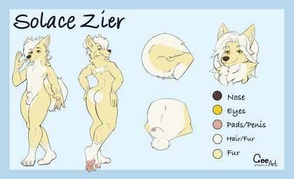 animal_genitalia anthro balls butt claws feet fur genitals hindpaw male pawpads paws pink_pawpads sheath solo text yellow_body yellow_eyes yellow_fur geeart canid canine mammal english_text hi_res model_sheet