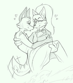 anthro blush bow_tie bridal_carry carrying_another clothed clothing dress duo eyes_closed female hair heart_symbol looking_at_another male male/female ponytail smile tail tail_motion tailwag wedding_dress chrim asterigos:_curse_of_the_stars chrim_(character) vulcane_(asterigos) canid canine fox mammal werecanid werecanine werecreature digital_media_(artwork)