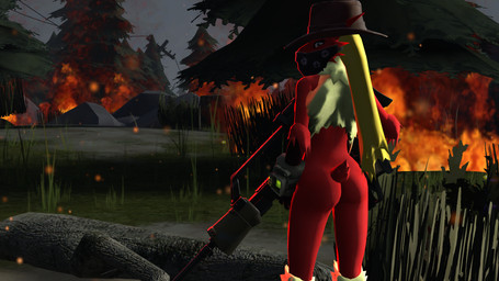 anthro ashes biped butt clothing cowboy_hat female fire fur grass gun hat headgear headwear log looking_at_viewer mask outside plant ranged_weapon red_body red_fur rifle solo standing tree weapon wood yellow_eyes thespazness_(artist) disembowell_(modeler) nintendo pokemon pokemon_snap_xxx avian bird blaziken generation_3_pokemon pokemon_(species) 16:9 3d_(artwork) digital_media_(artwork) hi_res source_filmmaker_(artwork) widescreen