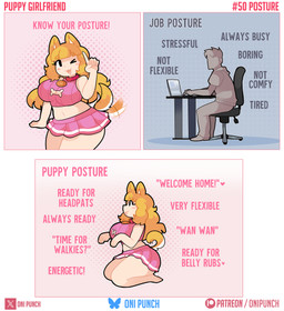 big_breasts black_hair blonde_hair breasts collar computer electronics eyelashes female female_humanoid hair huge_breasts kneeling laptop looking_at_viewer male male_human midriff navel one_eye_closed side_view sitting tail tail_motion tailwag text thick_thighs wide_hips wink onigiri_punch animal_humanoid canid canid_humanoid canine canine_humanoid dog_humanoid human humanoid mammal mammal_humanoid absurd_res comic english_text hi_res