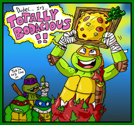 4_fingers annoyed anthro bandaged_hand black_outline black_text blue_mask box christmas_gift container elbow_pads fingers food freckled_face freckled_shoulders freckles gradient_background green_eyes green_outline group happy holding_box holding_container holding_food holding_object holding_pizza holding_pizza_box holidays light_blush looking_at_food looking_at_object male open_mouth orange_mask outline pink_text pink_tongue pizza pizza_box purple_mask raised_finger red_mask shocked simple_background smile speech_bubble text tongue white_speech_bubble wrapping_paper mightyfilm christmas teenage_mutant_ninja_turtles teenage_mutant_ninja_turtles_(2012) donatello_(tmnt) leonardo_(tmnt) michelangelo_(tmnt) raphael_(tmnt) reptile scalie turtle 2015 absurd_res digital_drawing_(artwork) digital_media_(artwork) english_text hi_res