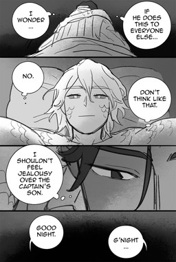 bedding blanket clothed clothing duo hair hug male male/male not_furry pillow scales speech_bubble text starfleetrambo edward_(starfleetrambo) oskar_(starfleetrambo) animal_humanoid human humanoid mammal marine marine_humanoid oarfish_humanoid siren comic digital_media_(artwork) english_text hi_res sketch trans_(lore) trans_man_(lore)