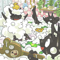 bath bathing bathroom bathtub brush bubble daww detailed_background female feral fur group happy male plant rubber_duck rubber_duck_on_head smile wool_(fur) utsuki_maito bovid canid canine caprine domestic_sheep mammal sheep 1:1 low_res