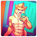 abs anthro athletic biceps biped brown_body brown_fur brown_hair cellphone chest_tuft clothed clothing electronics flexing front_view fur grin hair holding_object holding_phone looking_at_viewer male muscular muscular_anthro nipples nude pecs phone pink_nose pose purple_nose selfie smartphone smile solo standing tan_body tan_fur topless towel tuft seaside_(artist) apple_inc. iphone canid canine canis domestic_dog mammal 1:1 2014