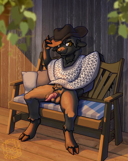 animal_genitalia animal_penis anthro balls bench biped black_body black_fur bottomless bovine_genitalia bovine_penis clothed clothing cowboy cowboy_hat crotch_tuft depth_of_field fluffy fluffy_hair fur genitals hair half-erect hat headgear headwear hooves light looking_at_viewer male outside partially_clothed penis poncho porch solo standing sunbathing sunlight sunset tuft warm_lighting western wild_west rammypaws bovid bovine caprine mammal sheep 4:5 absurd_res hi_res warm_colors