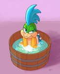 anthro bathing biped blue_eyes bubble claws fangs green_body looking_at_viewer male mohawk nude partially_submerged shell simple_background sitting solo spiked_shell spikes spikes_(anatomy) strategically_covered teeth toe_claws young young_anthro young_male ajin mario_bros nintendo koopaling larry_koopa koopa scalie 2025 hi_res