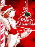 anthro big_penis black_nose brown_hair clothing exhibitionism fur genitals hair holidays long_ears male penis pole red_eyes shirt short_tail solo tail tank_top topwear white_body white_fur christmas lagomorph leporid mammal rabbit hi_res