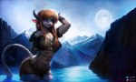 anthro blue_eyes breasts clothed clothing female hair horn lake medium_breasts moon orange_hair partially_submerged solo tail water nx147 bovid bovine mammal hi_res