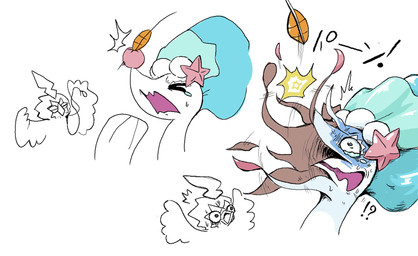 ambiguous_gender bodily_fluids bursting duo inflatable interrobang onomatopoeia open_mouth popping simple_background sound_effects sweat text what white_background dlrowdog nintendo pokemon animate_inanimate decidueye generation_7_pokemon living_inflatable pokemon_(species) primarina 2017 hi_res japanese_text translated