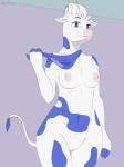 anthro blue_eyes breasts clitoris female genitals looking_at_viewer mascot mostly_nude nipples pussy simple_background solo howl_echoes lactaid lactaid_cow bovid bovine cattle holstein_friesian_cattle mammal 3:4 absurd_res digital_media_(artwork) hi_res