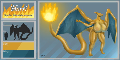 3_toes anthro big_breasts big_nipples breasts digitigrade feet female fire genitals huge_breasts hyper hyper_breasts long_tail multicolored_body nipples nude orange_body pokemorph simple_background solo standing tail text thick_thighs toes two_tone_body vulva wings affront nintendo pokemon charizard generation_1_pokemon pokemon_(species) hi_res signature