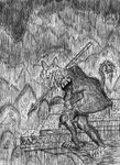 anthro city city_background claws dragon_knight female javelin perspective raining solo text janet_k_wallace final_fantasy final_fantasy_ix square_enix freya_crescent burmecian mammal murid murine rat rodent absurd_res black_and_white english_text hi_res monochrome pen_(artwork) traditional_media_(artwork)