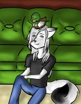 anthro duo feral furniture hair male sofa tail white_hair madadh_ruadh zerineth anas anatid anseriform avian bird canid canine dabbling_duck duck fox mallard mammal