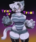 anthro big_breasts blush bodily_fluids breasts clothed clothing female fur grey_body grey_fur looking_at_viewer open_mouth simple_background solo sweat text yellow_eyes sleepiness18 domestic_cat felid feline felis mammal 2024 absurd_res english_text hi_res