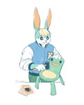 anthro blonde_hair blue_body blue_eyes blue_fur clothing froggy_chair fur hair hammer jacket letterman_jacket male solo tools topwear juniper94027020 animal_crossing nintendo sasha_(animal_crossing) lagomorph leporid mammal rabbit digital_media_(artwork) hi_res