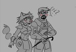 anthro armor blush clothed clothing crowbar duo eyewear female fur glasses hair hev_suit holding_arm holding_object machine male power_armor simple_background smile tools stuupeezart half-life nintendo star_fox valve gordon_freeman krystal_(star_fox) canid canine fox human mammal crossover digital_media_(artwork)