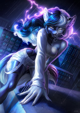 5_fingers anthro biped blue_body blue_fur blue_hair blue_tail bottomwear breasts claws clothed clothed_anthro clothed_female clothing female finger_claws fingers front_view fully_clothed fully_clothed_anthro fully_clothed_female fur hair heart_eyes heart_symbol inner_ear_fluff looking_at_viewer outside raining smile solo tail teeth topwear tuft white_hair kilbi domestic_cat felid feline felis mammal 2025 digital_drawing_(artwork) digital_media_(artwork) hi_res