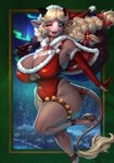 anthro big_breasts biped breasts christmas_clothing christmas_headwear clothed clothing detailed_background eyelashes female fingers hair hat headgear headwear holidays huge_breasts looking_at_viewer open_mouth pupils santa_hat smile solo thick_thighs three-quarter_view longinius vest_(artist) christmas cindy_(longinius) bovid bovine cattle mammal absurd_res hi_res