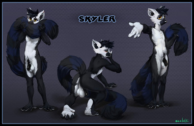 anthro balls biped black_body black_fur black_glans black_hair black_nose black_penis black_stripes black_tail blue_body blue_fur blue_stripes blue_tail blush cheek_tuft chest_tuft facial_tuft feet flaccid front_view fur genitals glans glistening glistening_eyes glistening_nose hair humanoid_genitalia humanoid_penis male markings messy_hair narrowed_eyes pattern_background penis perineum plantigrade prehensile_feet short_hair simple_background solo standing striped_markings striped_tail stripes tail tail_markings three-quarter_view toes tuft white_balls white_body white_ears white_fur white_perineum yellow_eyes oselotti skyler_ringtail lemur mammal primate ring-tailed_lemur strepsirrhine 2017 digital_media_(artwork) model_sheet signature