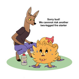 anthro antlers black_clothing black_shirt black_topwear bottomwear brown_body clothing crouching denim denim_bottomwear denim_clothing duo feral freckles hooves horn humor jeans male nervous pants shed_antlers shirt stuck_in_ground text topwear worried yellow_sclera thedeerzone nintendo pokemon superglue canid canine deer generation_10_pokemon generation_1_pokemon mammal muk pokemon_(species) pombon 1:1 2026 english_text hi_res