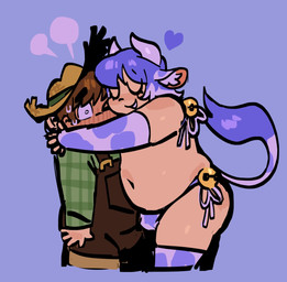 affectionate animal_print animal_print_thigh_highs arms_around_neck arms_around_partner bare_shoulders bell belly big_belly blue_background blue_cowprint blue_hair blue_tail blush blush_lines bodily_fluids bow_ribbon brown_hair bulge clothed clothing cow_ears cow_print cow_print_elbow_gloves cow_print_panties cow_print_thigh_highs dot_pupils duo emanata embarrassed eyebrow_through_hair eyebrows eyes_closed farmer femboy fingerless_gloves gloves green_clothing green_shirt green_topwear hair handwear hat headgear headwear heart_symbol horn hug hugging_another human_on_humanoid inner_ear_fluff interspecies jingle_bell legwear male male/male navel not_furry one_eye_closed open_mouth open_smile overalls overweight pattern_clothing pattern_legwear pattern_shirt pattern_thigh_highs pattern_topwear plaid plaid_clothing plaid_shirt plaid_topwear shirt short_hair simple_background skimpy slightly_chubby slightly_chubby_human slightly_chubby_humanoid slightly_chubby_male smile speech_bubble straw_hat sweat sweatdrop tail tail_tuft tan_body tan_skin thick_eyebrows thick_horn thick_thighs thigh_highs thong topwear translucent translucent_hair tuft underwear white_hair_tips white_horn wide_hips serafphim charlie_(serafphim) josh_(serafphim) animal_humanoid bovid bovid_humanoid bovine bovine_humanoid cattle_humanoid human humanoid mammal mammal_humanoid 2025 hi_res shaded simple_shading