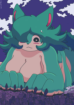 anthro blue_body blue_hair blush bodily_fluids breasts city city_destruction cityscape destruction female hair macro macro_female pawpads pink_inner_ear pink_pawpads sweat white_body white_breasts doover80s absurd_res hi_res