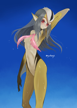 arm_fin arm_over_head black_markings blush facial_markings female fin forehead_markings grey_hair hair head_markings long_hair looking_at_viewer markings multicolored_body multicolored_hair nipples pink_gills pointy_ears red_eyes red_markings slim smile smiling_at_viewer smooth_skin solo wet white_body white_hair yellow_body ryochang blue_submarine_no._6 mutio animal_humanoid aquatic aquatic_humanoid fish fish_humanoid humanoid nereid absurd_res hi_res