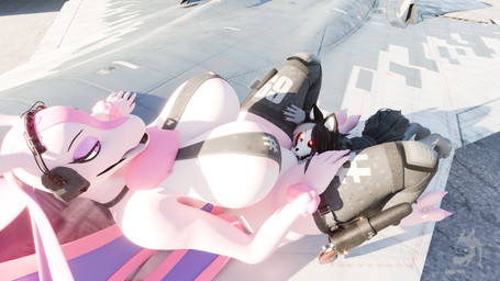 aircraft airplane anthro arm_on_thigh arm_tuft big_breasts black_clothing black_sweater black_topwear bone bottomless breasts clothed clothing cunnilingus dark_hair duo ears_up electronics female female/female fur glowing glowing_eyes grey_body grey_fur gun headgear headphones headset high-angle_view huge_breasts inner_ear_fluff jet legwear looking_at_another looking_pleasured lying_and_blow_position neck_tuft oral pink_body pink_eyes ranged_weapon realistic reclining red_eyes sex side_view skimpy skull skull_head sling_bra spread_legs spreading stockings sweater tail tongue topwear tuft vaginal vehicle weapon wrist_tuft bishopenjoyer mastermanki7777_(modeler) zoidrawzaton_(modeler) blender_cycles palworld pocketpair scp_foundation mal0 scp-1471-a scp-1471-a_(mal0vent) lovander mal0_(species) pal_(species) skulldog_(species) 2025 3d_(artwork) absurd_res blender_(artwork) digital_media_(artwork) hi_res watermark