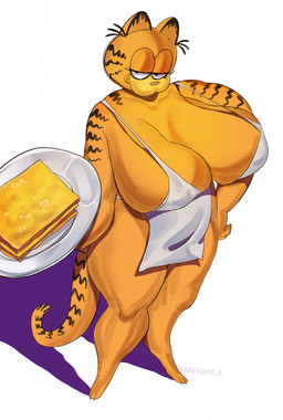 3_toes anthro anthrofied apron apron_only arms_bent big_breasts black_eyes black_stripes breasts cleavage clothed clothing collarbone crossgender eyelashes feet female female_anthro food fur high-angle_view holding_object holding_plate huge_breasts lasagna lidded_eyes light markings mtf_crossgender multicolored_body multicolored_fur nipple_outline orange_body orange_fur orange_tail pasta pink_nose plate solo standing striped_markings striped_tail stripes tail tail_markings text thick_thighs toes two_tone_body two_tone_fur two_tone_tail white_apron white_clothing mskend_a garfield_(series) garfield_the_cat domestic_cat felid feline felis mammal tabby_cat 2025 artist_name colored digital_drawing_(artwork) digital_media_(artwork) full-length_portrait hi_res italian_description lighting portrait