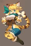 anthro big_breasts big_butt blonde_hair blush blush_lines breasts brown_body brown_fur brown_hair butt clothing fangs female fur gesture green_eyes hair hand_gesture kerchief looking_at_viewer markings multicolored_hair open_mouth simple_background smile solo striped_body striped_fur striped_markings striped_tail stripes tail tail_markings teeth text thick_thighs v_sign yellow_body yellow_fur honeycalamari cygames world_flipper mia_(world_flipper) felid mammal pantherine tiger 2019 2:3 hi_res signature