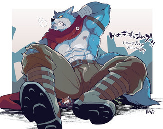 anthro belt blue_body blue_fur boots bottomwear clothed clothing footwear fur macro male muscular muscular_anthro muscular_male nipples pants red_body red_fur red_scarf scarf sharp_teeth shoes solo tail teeth topless white_stomach yellow_eyes redjack_036 dragon_ball dragon_ball_super basil_(dragon_ball) bergamo canid canine canis mammal wolf