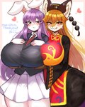 anthro big_breasts big_butt blonde_hair blush bottomwear breasts butt clothed clothing duo female hair heart_symbol huge_breasts huge_butt licking licking_lips long_hair nervous nervous_sweat purple_eyes purple_hair red_eyes skirt smile tongue tongue_out white_body in_pnj touhou junko_(touhou) reisen_udongein_inaba canid canine fox lagomorph leporid mammal rabbit hi_res