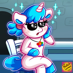 anthro black_eyes blue_hair collar female hair horn sitting solo tail unicorn_horn rocketlennon mob_entertainment mythology poppy_playtime smiling_critters craftycorn equid equine mammal mythological_creature mythological_equine unicorn hi_res