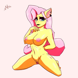 anthro blue_eyes breasts ear_piercing eyelashes female fur genitals hair nipples nude piercing pink_hair simple_background solo tail vaginal wings yellow_body alterdfd friendship_is_magic hasbro my_little_pony mythology fluttershy_(mlp) equid equine humanoid mammal mythological_creature mythological_equine pegasus 1:1 hi_res