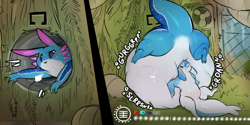 3_fingers abdominal_bulge ambiguous_anthro ambiguous_gender ambiguous_pred anthro anthro_pred belly belly_squish big_belly big_tail biped black_eyes black_nose blue_body blue_ears blue_markings blue_skin blue_tail blush countershade_face countershade_tail countershade_torso countershading detailed_background digestion digestion_noises duo emanata featureless_crotch feet fence fingers food_pips_(rain_world) front_view fully_inside gameplay_mechanics glistening glistening_body glistening_skin grass gui huge_belly hunger_bar hyper hyper_belly larger_ambiguous larger_anthro lying markings mouthless multicolored_body multicolored_ears multicolored_skin multicolored_tail nude on_front one_eye_closed onomatopoeia outside pink_ears plant pushing raised_tail rear_view rumbling_stomach semi-anthro sitting size_difference smaller_ambiguous smaller_anthro soft_vore sound_effects squish stuck tail tailbutt tapering_tail text thick_tail thick_thighs through_wall two_tone_body two_tone_ears two_tone_skin two_tone_tail vore white_body white_countershading white_ears white_skin white_tail kinkaxa rain_world videocult kink_(kinkaxa) aquatic mammal slugcat 2024 colored digital_media_(artwork) english_text hi_res shaded signature