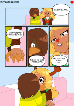ambiguous_gender ambiguous_human anthro antlers black_eyes blonde_hair blush blush_lines brown_antlers brown_body brown_fur brown_hair buckteeth cartoon_freckles clothed clothing detailed_background dialogue duo eye_contact eyelashes female female_anthro freckled_face freckles fur furniture hair hair_over_eye hair_over_eyes hand_holding hand_on_face horn inside kissing long_eyelashes looking_at_another red_eyes sitting snowgrave sofa speech_bubble talking_to_another teeth text wide_eyed yellow_body yellow_skin mrdarknessart1 deltarune undertale_(series) kris_dreemurr noelle_holiday deer human mammal new_world_deer 2025 absurd_res artist_name comic digital_drawing_(artwork) digital_media_(artwork) english_text hi_res