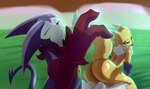 anthro butt clothing duo fangs female gloves handwear looking_back male male/female multicolored_body spade_tail tail teeth tongue tongue_out two_tone_body alcoholictails bandai_namco digimon slap_of_god canid canine digimon_(species) fox imp impmon mammal renamon absurd_res hi_res meme