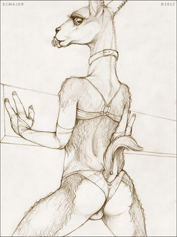 against_surface against_wall anthro armwear bra bulge clothed clothing crossdressing ear_piercing elbow_gloves femboy furgonomic_piercing furgonomics gloves handwear hooves lingerie looking_back male pacifier panties piercing rear_view solo tail tail_clothing tail_piercing underwear ecmajor santiago_sara_(ecmajor) camelid guanaco mammal 2012 traditional_media_(artwork)
