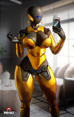 1_eye barely_visible_genitalia barely_visible_vulva breasts cellphone ear_piercing electronics female genitals gold_(metal) gold_ear_piercing machine phone piercing selfie smartphone solo star_ear_piercing vulva psyk323 gold_bot_(psyk323) humanoid robot robot_humanoid hi_res watermark