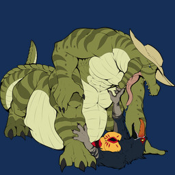 anthro anthro_prey beak belly big_belly black_body black_feathers blue_eyes bodily_fluids claws clothing duo feathers feet green_body green_scales hat hat_only headgear headgear_only headwear headwear_only huge_belly imminent_vore male male/male male_pred male_taur mostly_nude nude_male nude_pred nude_prey nude_taur open_mouth pinned_by_belly saliva saliva_on_tongue scales simple_background tail taur_pred teeth tongue tongue_out transparent_background trapped vore yellow_body yellow_eyes yellow_feathers pandottermon alligator alligatorid avian crocodilian reptile scalie taur 1:1 alpha_channel colored hi_res