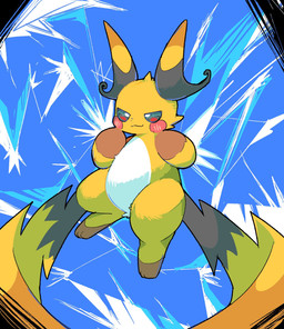 2_tails abstract_background ambiguous_gender anthro featureless_crotch fur half-closed_eyes multi_tail narrowed_eyes orange_body orange_fur paws solo standing_on_tail tail white_body white_fur h_rin0u0 nintendo pokemon pokemon_legends_z-a generation_9_pokemon mega_evolution mega_raichu mega_raichu_x pokemon_(species) 2025 hi_res
